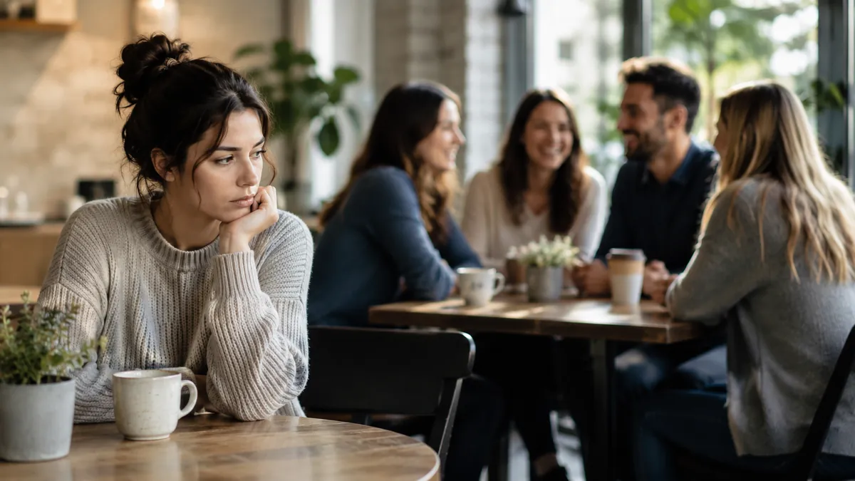 Donna che si sente invisibile e non vista mentre altre persone conversano tra loro.